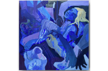 A primarily blue and black abstract oil painting that features a vague blonde woman in a chair looking up.